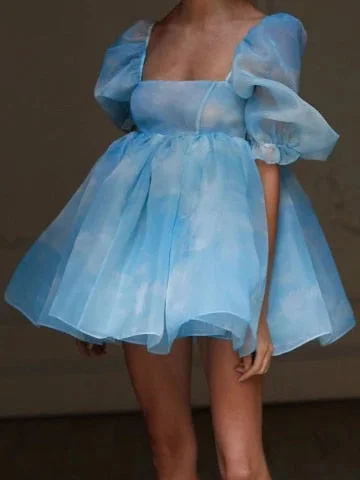 pornhint Pornhint YENKYE Summer Women Blooming Sky Color Organza Princess Dress Female Sexy Square Neck Puff Sleeve Mini Party Dress Short Vestido