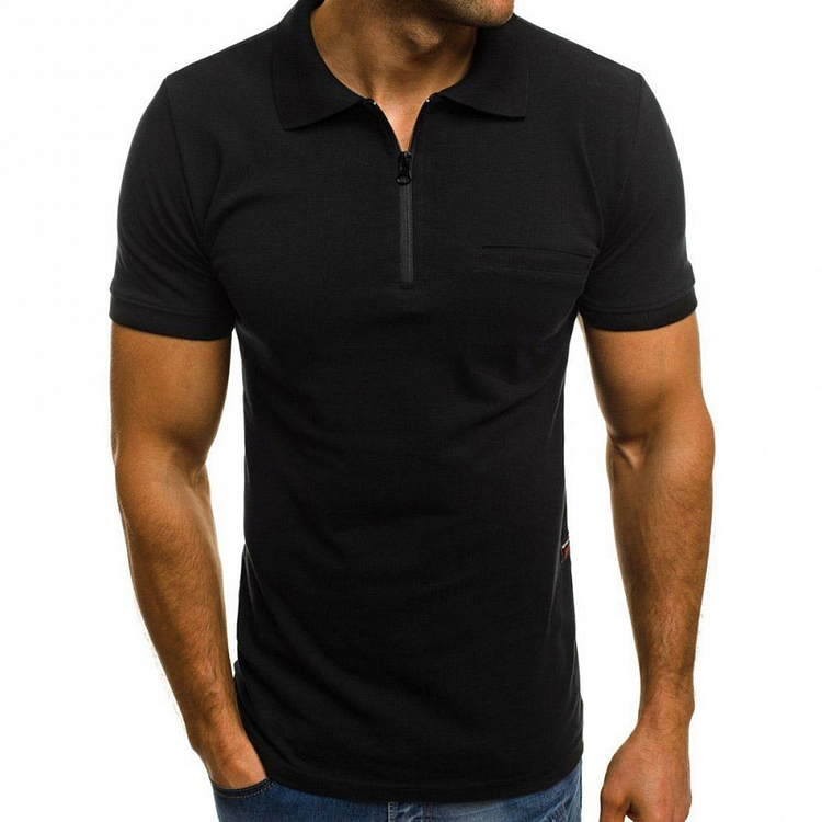 Solid Color Summer Men's Zipper Casual Short Sleeve Polo Shirts at Hiphopee