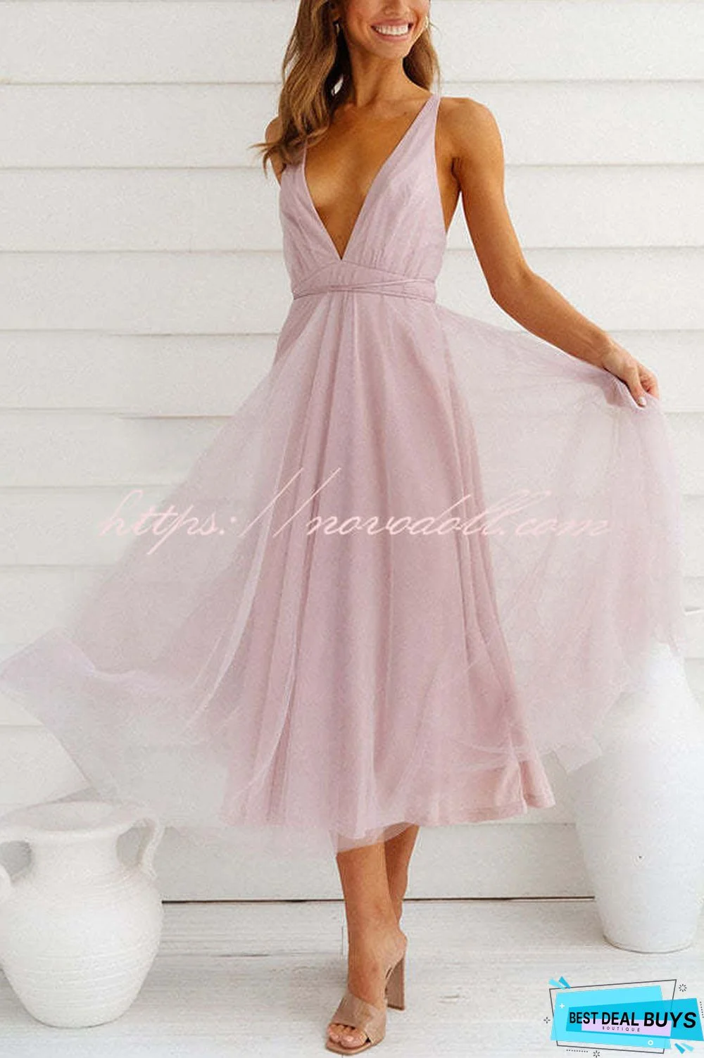 Feeling Romantic V Neck Tulle Midi Dress