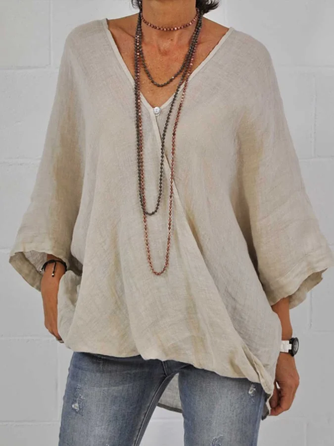 Women's Casual Solid Color Loose And Comfortable Cotton And Linen V-neck Top