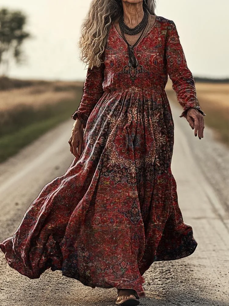 Women's Boho Ethnic Floral Art Pattern Print Pocket Cotton Dress