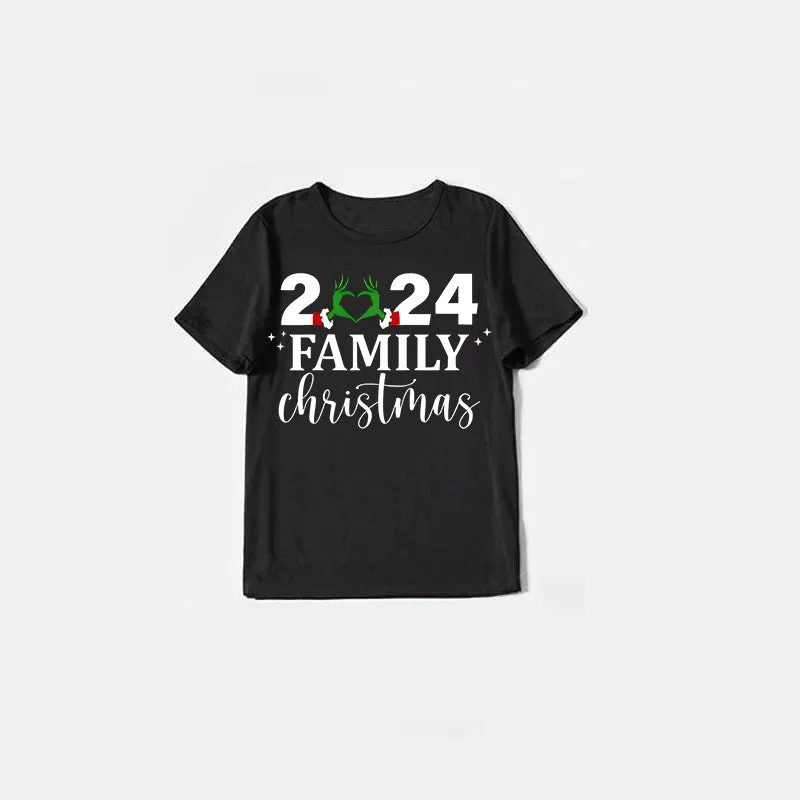 "2024 Family Christmas" Quirky Heart Letter Print Black Short Sleeve with Red & Black Plaid Pant Family Matching Pajamas