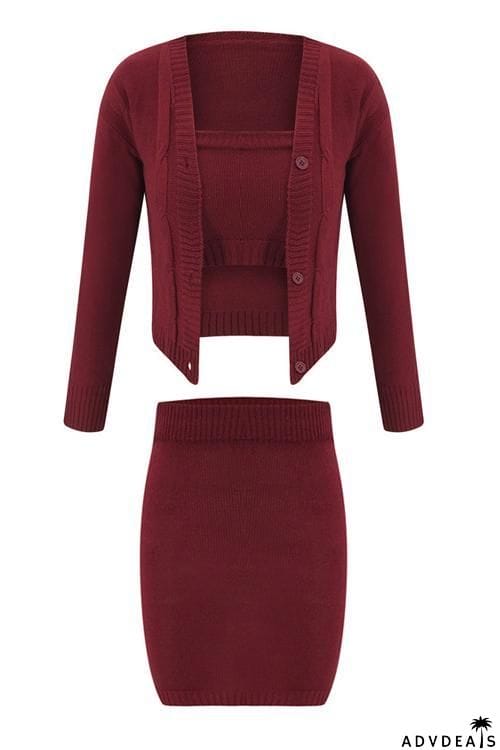 Button Cardigan Skirts Set