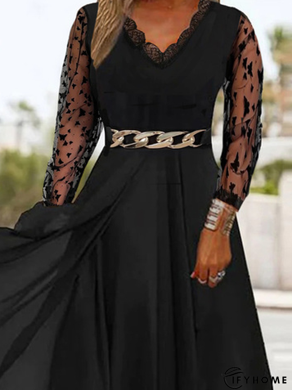 Plain Mesh Long Sleeve Lace V Neck Grommets Casual Dress | IFYHOME