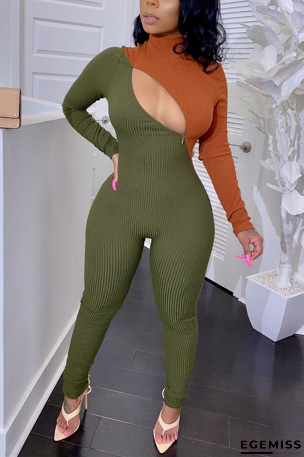 Army Green Fashion Sexy Zipper Long Sleeve Jumpsuit | EGEMISS