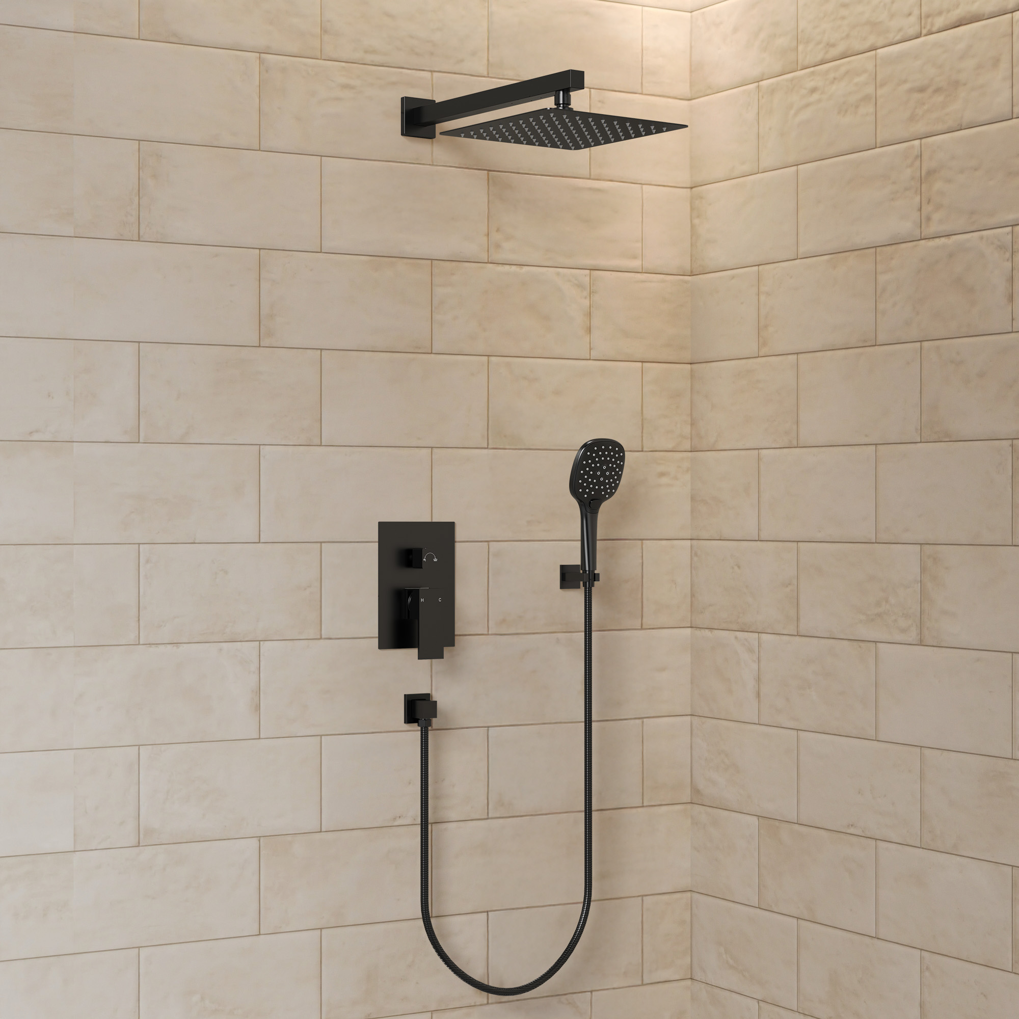 Shower Faucet Head System Combo Set - Rainfall High-Pressure Bathroom Shower Head Kit with Handheld Spray Hose 10 Inch Wall Mount Luxury Shower Fixture Accessories Gifts Rough-in Valve Body & Trim, Matte Black