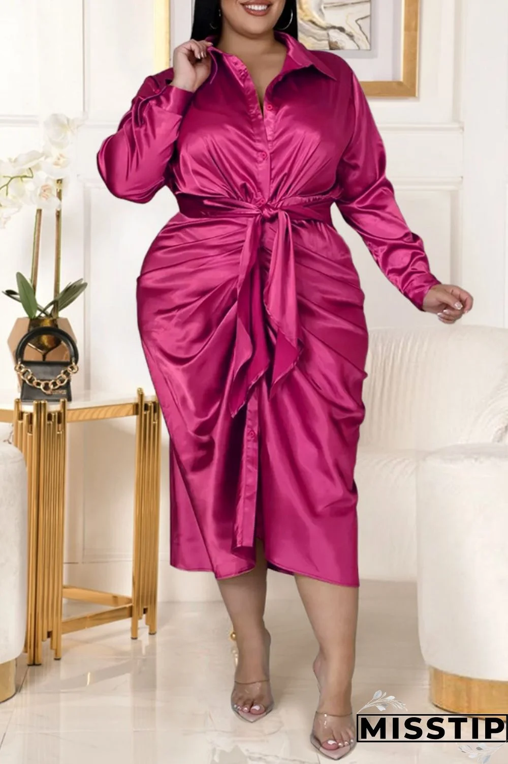 Black Fashion Casual Solid With Belt Turndown Collar Long Sleeve Plus Size Dresses