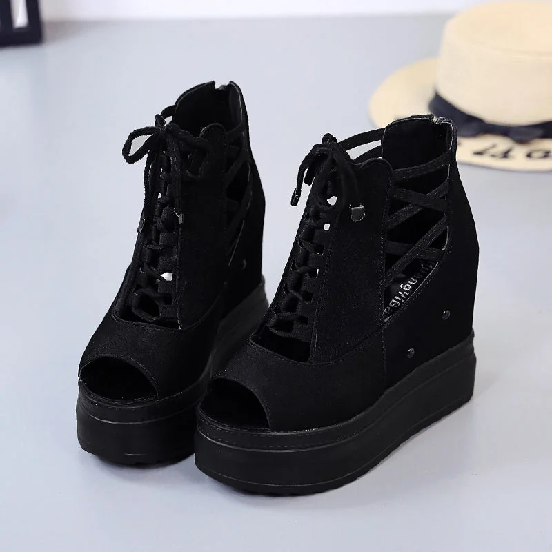 Summer Height Increasing Ankle Boots For Women Hollow Out Pep Toe Shoes Woman Fashion Cross Strap Chunky Platform Booties