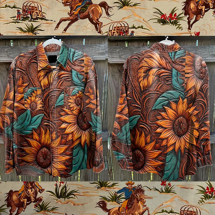Vintage Tooled Leather Sunflowers Western Style Cowboy Print Casual Shirt