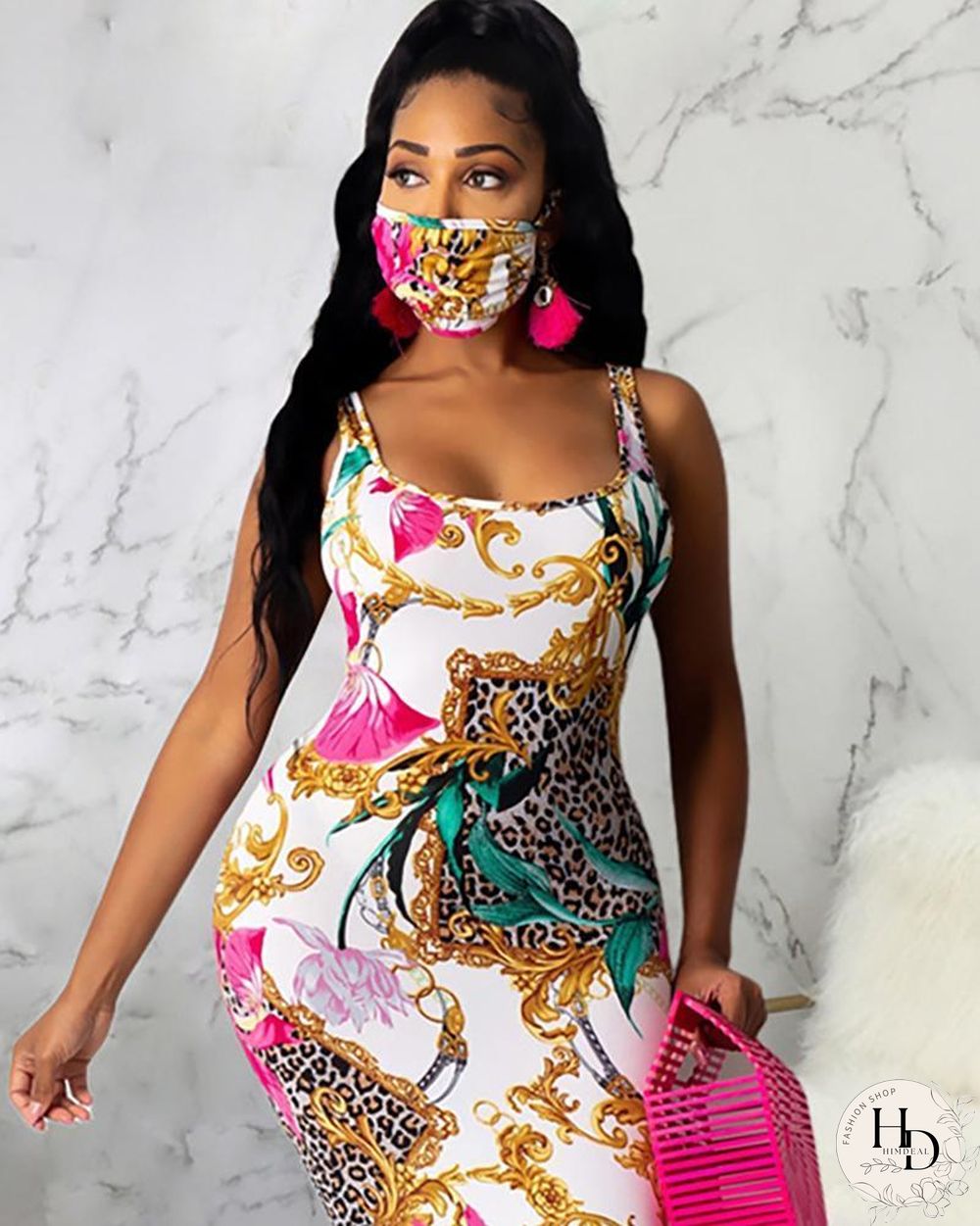 Mixed Print Thick Strap Maxi Dress P13470
