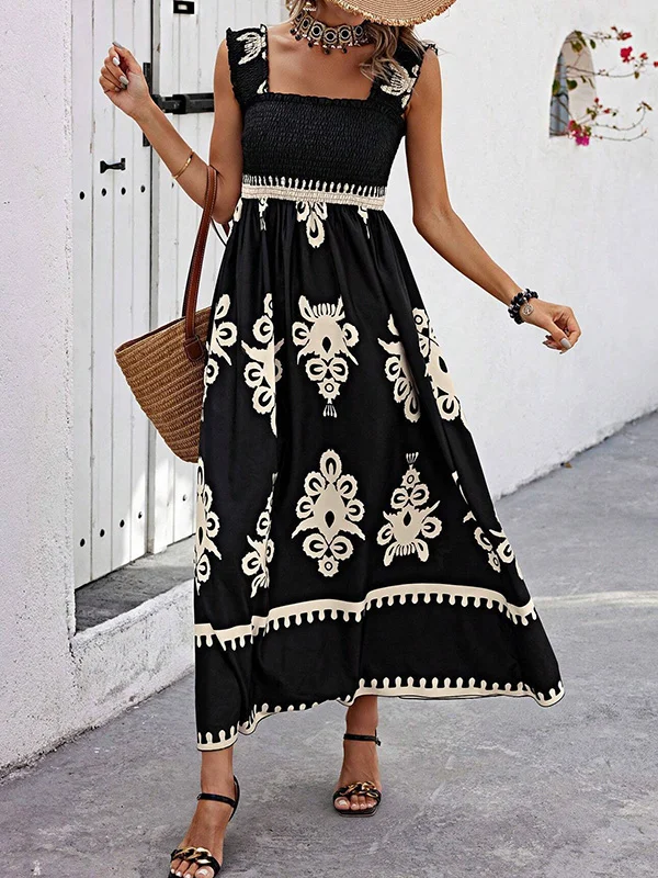 Split-Joint Printed Pleated Elasticity Sleeveless Loose Square-neck Maxi Dresses