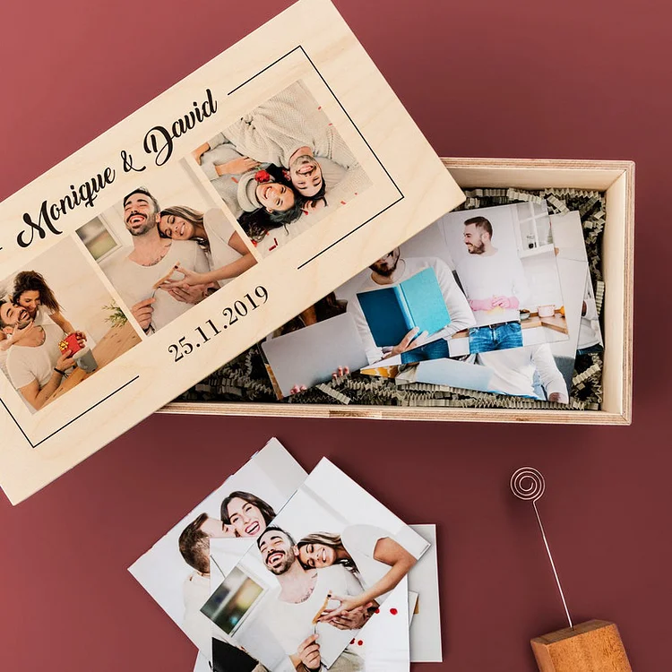 Personalized Wood Photo Box with 9 Photos Romantic Gifts for Saving Memories