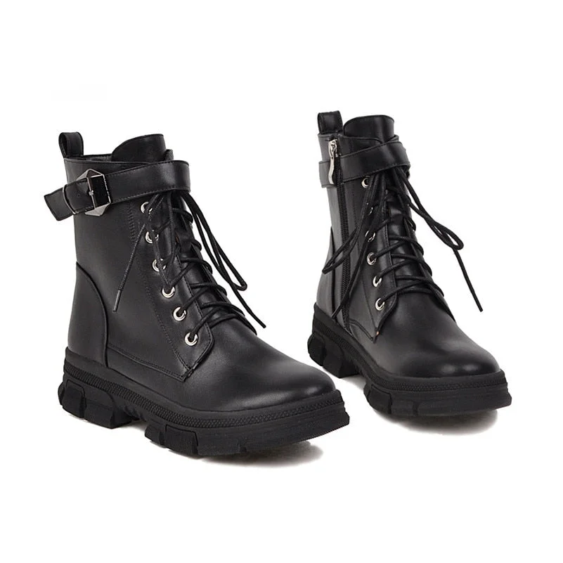 Meotina Winter Motorcycle Boots Women Buckle Flat Platform Ankle Boots Zipper Round Toe Shoes Ladies Autumn Red Plus Size 34-43