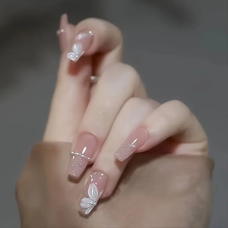 Jelly Pink Flower Fake Nails Kit
