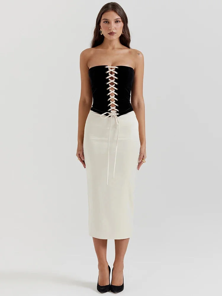 Toloer Black Lace Up Tube Top And White Satin Midi Skirt Set-Outfit Ideas