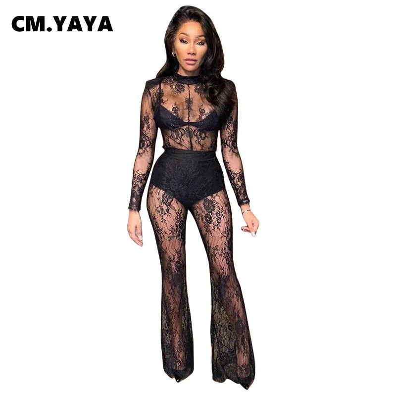 CM.YAYA Sexy O-neck Knitted Women Bodysuit Black Lace See-through Tight Slim Party Nightclub Bodysuits Women Jumpsuit