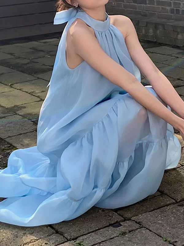 Loose Sleeveless Solid Color Halter-Neck Midi Dresses