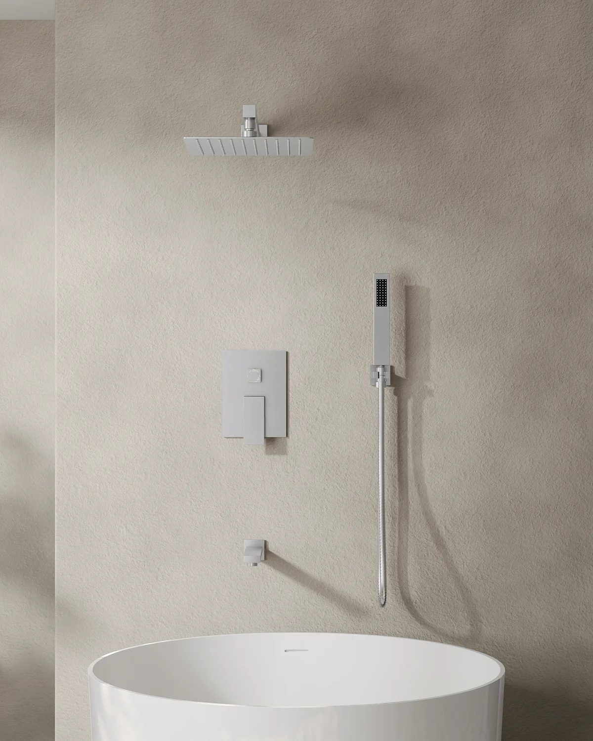 Collage of three rooms featuring the Lentz Widespread Bathroom Faucet in Matte Black, Ridgeway Kitchen Faucet in Brushed Gold, Catino Solid Surface Freestanding Tub