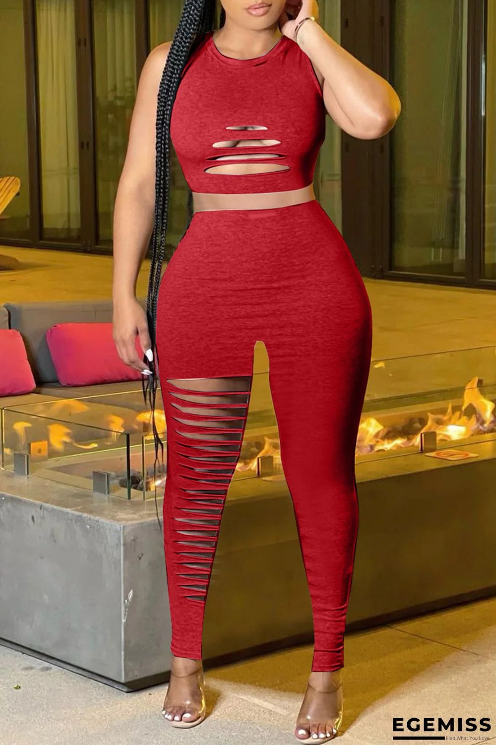 Red Sexy Casual Solid Ripped Vests Pants O Neck Sleeveless Two Pieces | EGEMISS