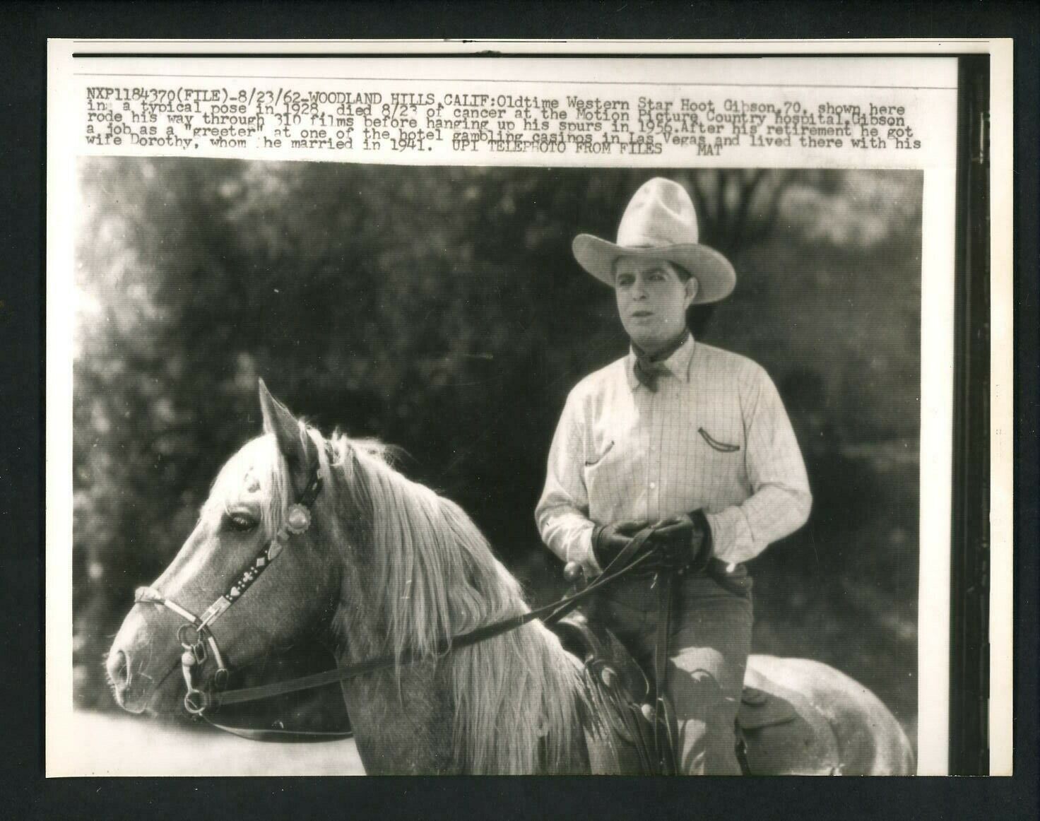 Hoot Gibson 1920's Western Star dies 1962 Press Photo Poster painting