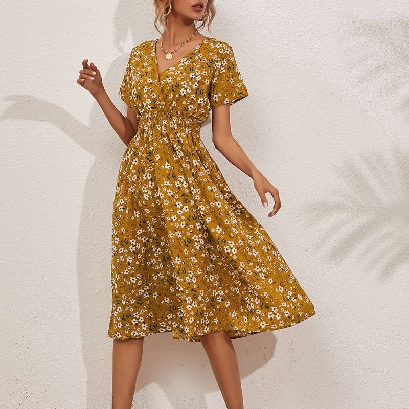 Floral Print Elastic Waist Surplice Front A-line Dress