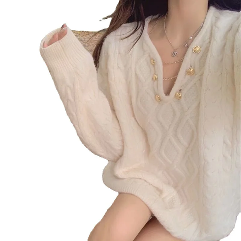 Churchf Churchf V-Neck Twist Sweater Female 2024 Autumn And Winter New Temperament Gentle Head Knit Jacket Loose Coat