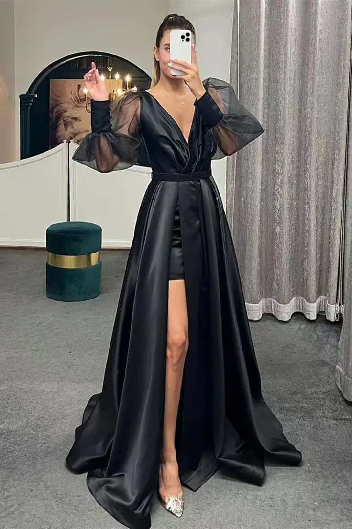 Women's V-neck Puff Long-sleeve Slit Long Evening Dress Y5999 main image 1