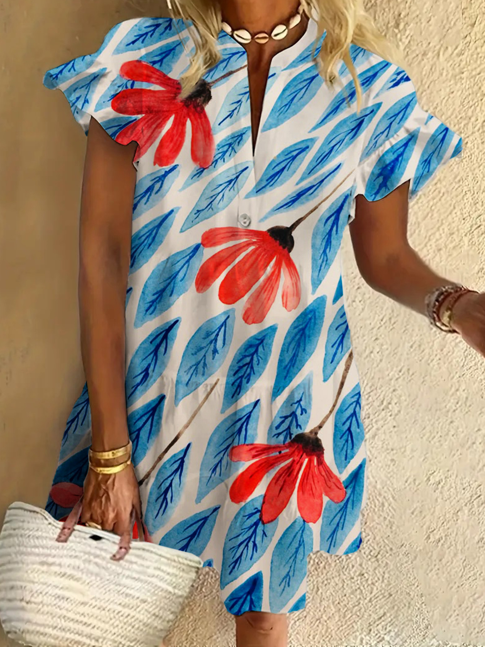 Floral Print Ruffled Short-sleeved V-neck Buttoned Dress Vacation Beach Dress