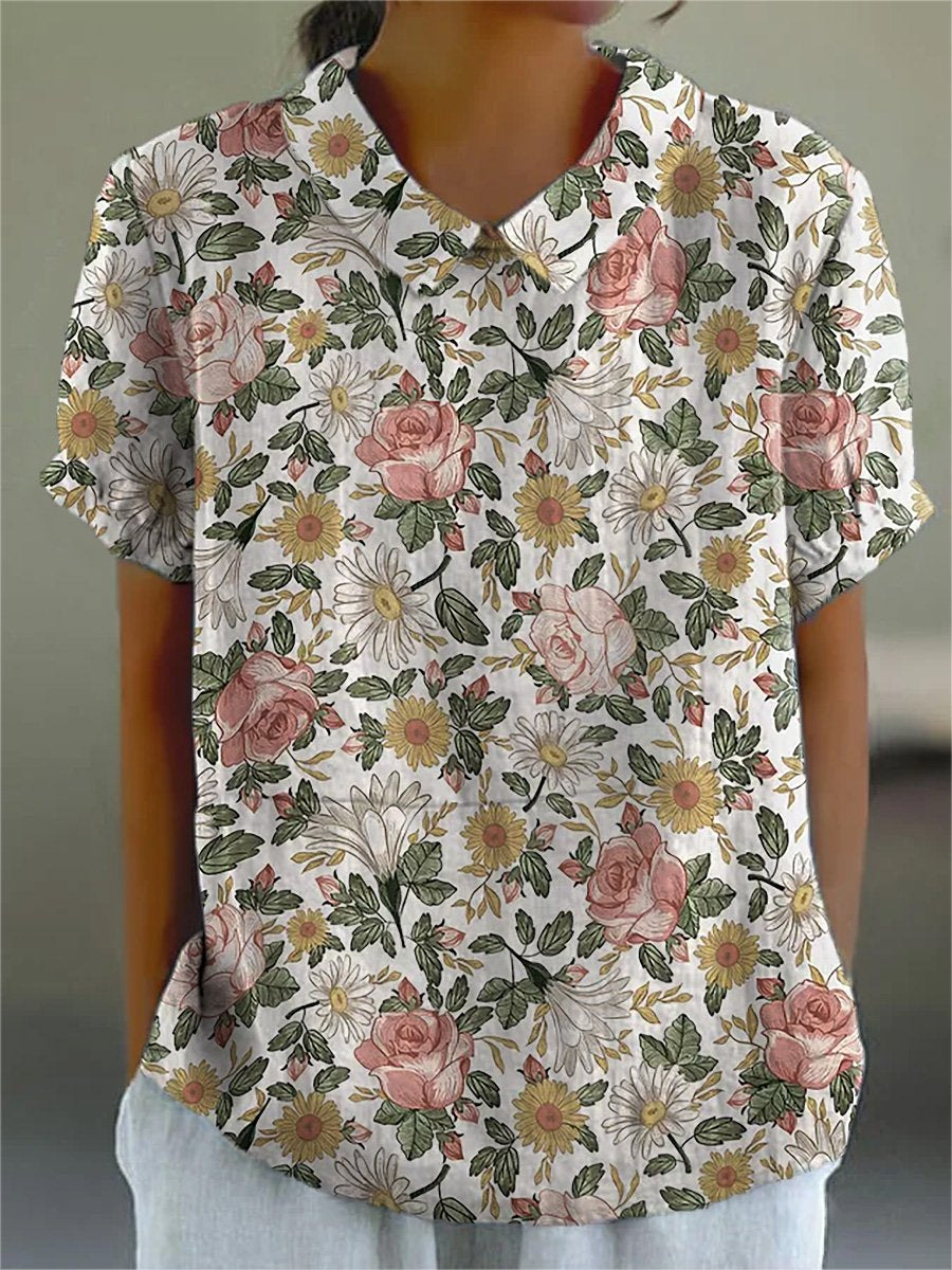 Retro Style Romantic French Garden Pattern Printed Women's Casual Cotton And Linen Shirt