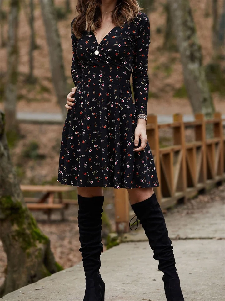 Dress Floral Long Sleeve V-neck Dress Big Swing Dress