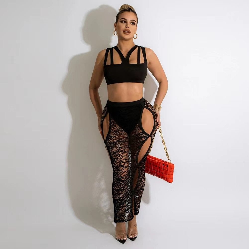 CM.YAYA Women High Side Cut Out Tie Side Mesh Midi Maxi Suit and Crop TopMatching Two 2 Piece Set Beach Sexy Outfit 2022 Summer