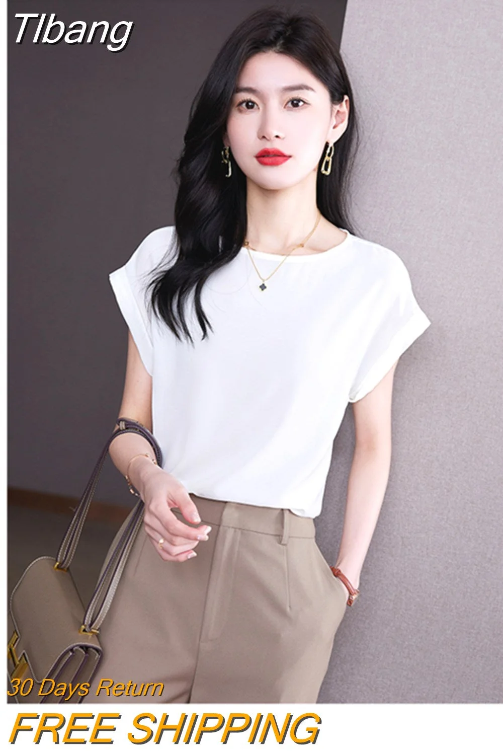 Tlbang Blouse for Women Short sleeve Womens Tops Loose Casual Blouse Cotton Summer Women's Clothing Solid OL Elegant Women Blouse