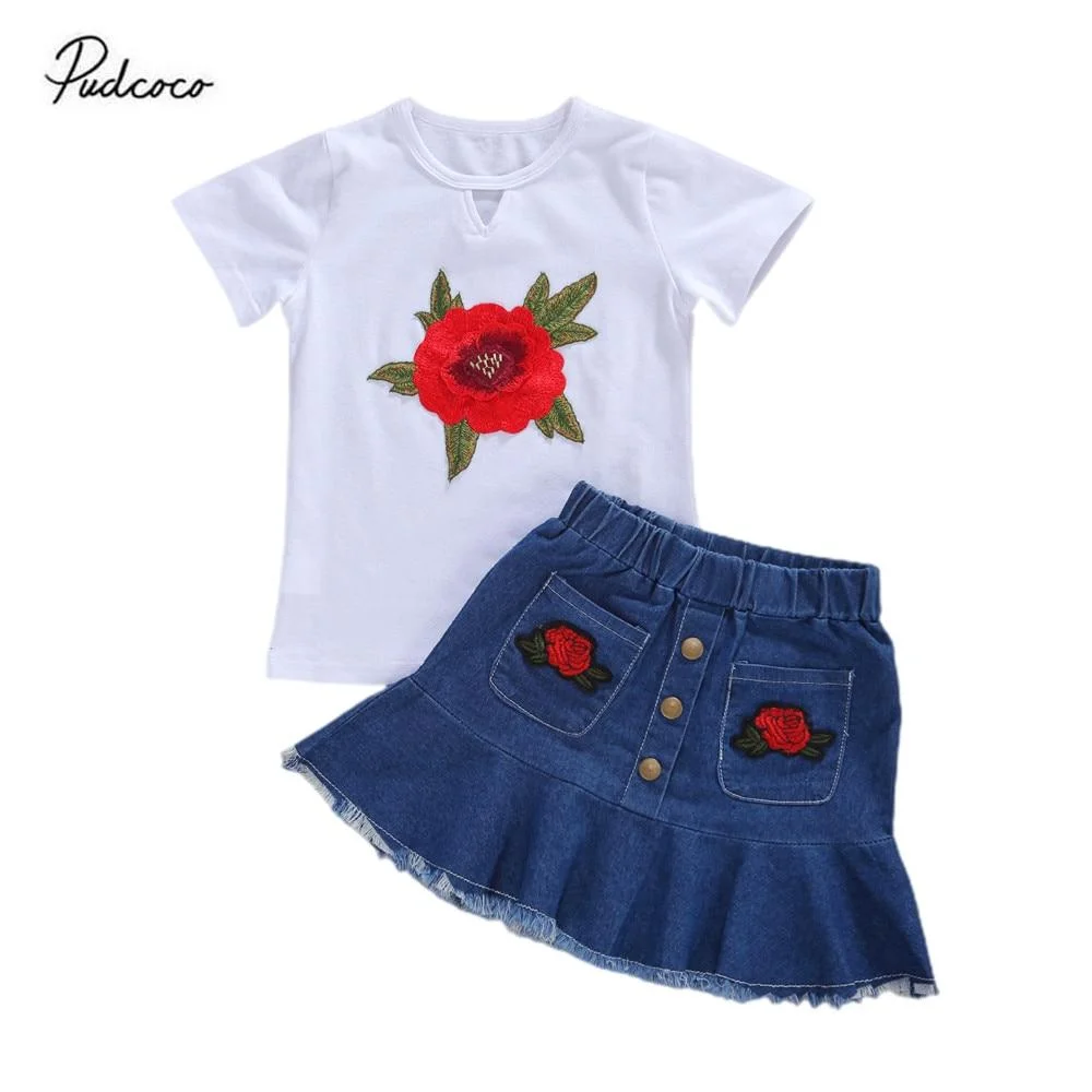 2020 Baby Summer Clothing Infant Kids Girls Skirt Two Piece Set Fashion Rose Embroidery Short Sleeve Top + Denim Short Skirt
