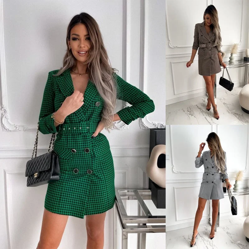 Classic Plaid Blazer Dress Long Coat