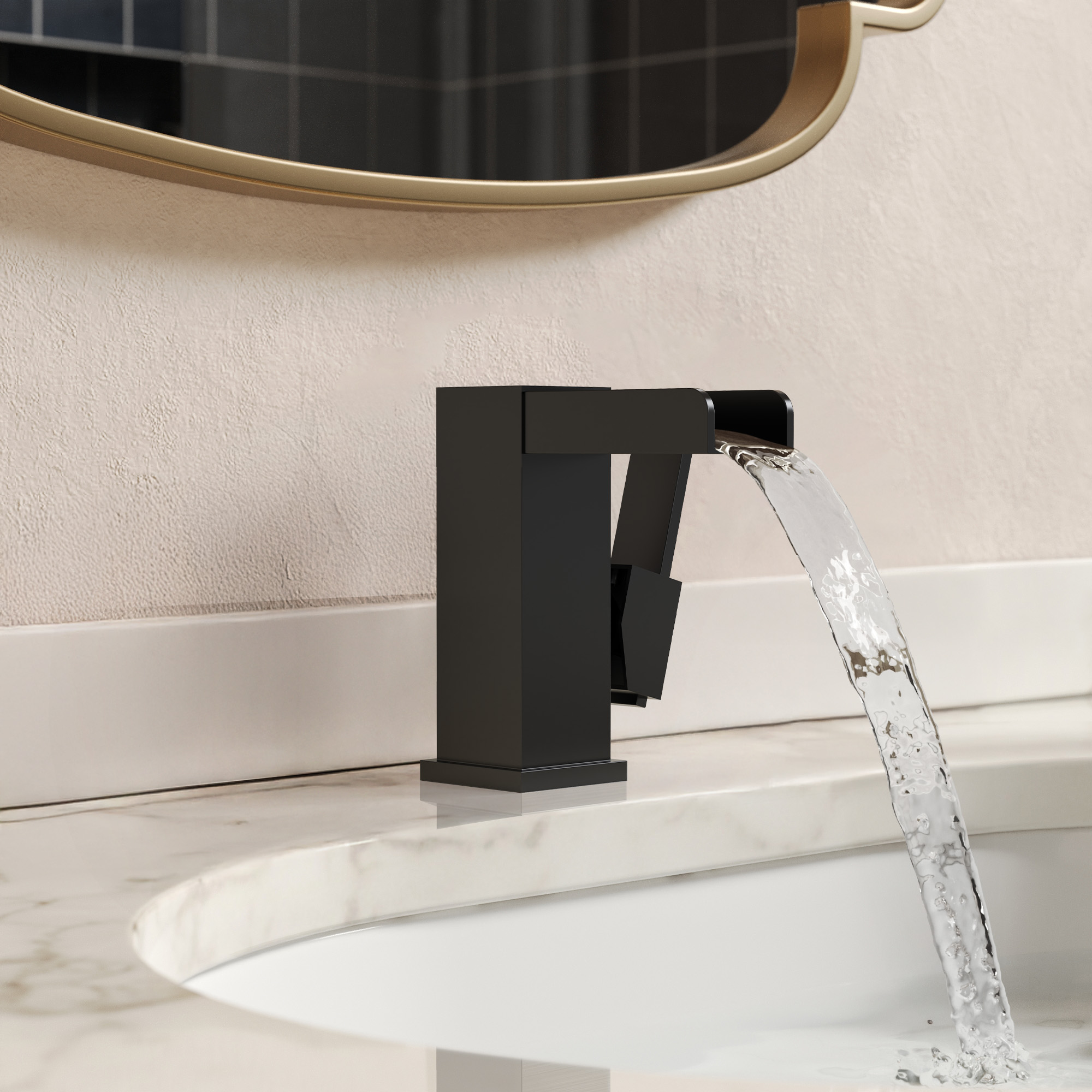 GRANDJOY Matte Black 1-Handle LED Waterfall Bathroom Sink Faucet with Drain Single Hole