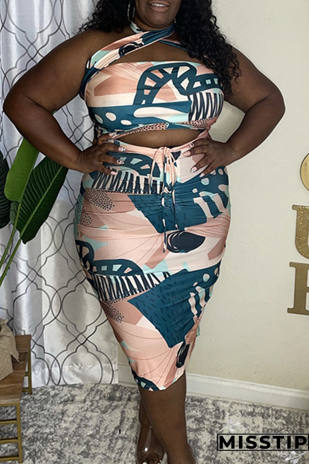 Blue Fashion Sexy Print Backless Halter Plus Size Two Pieces