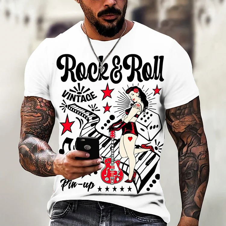 Men's Rockabilly Vintage Rocker Print Casual T-Shirt Hawaiian Short Sleeve at Hiphopee