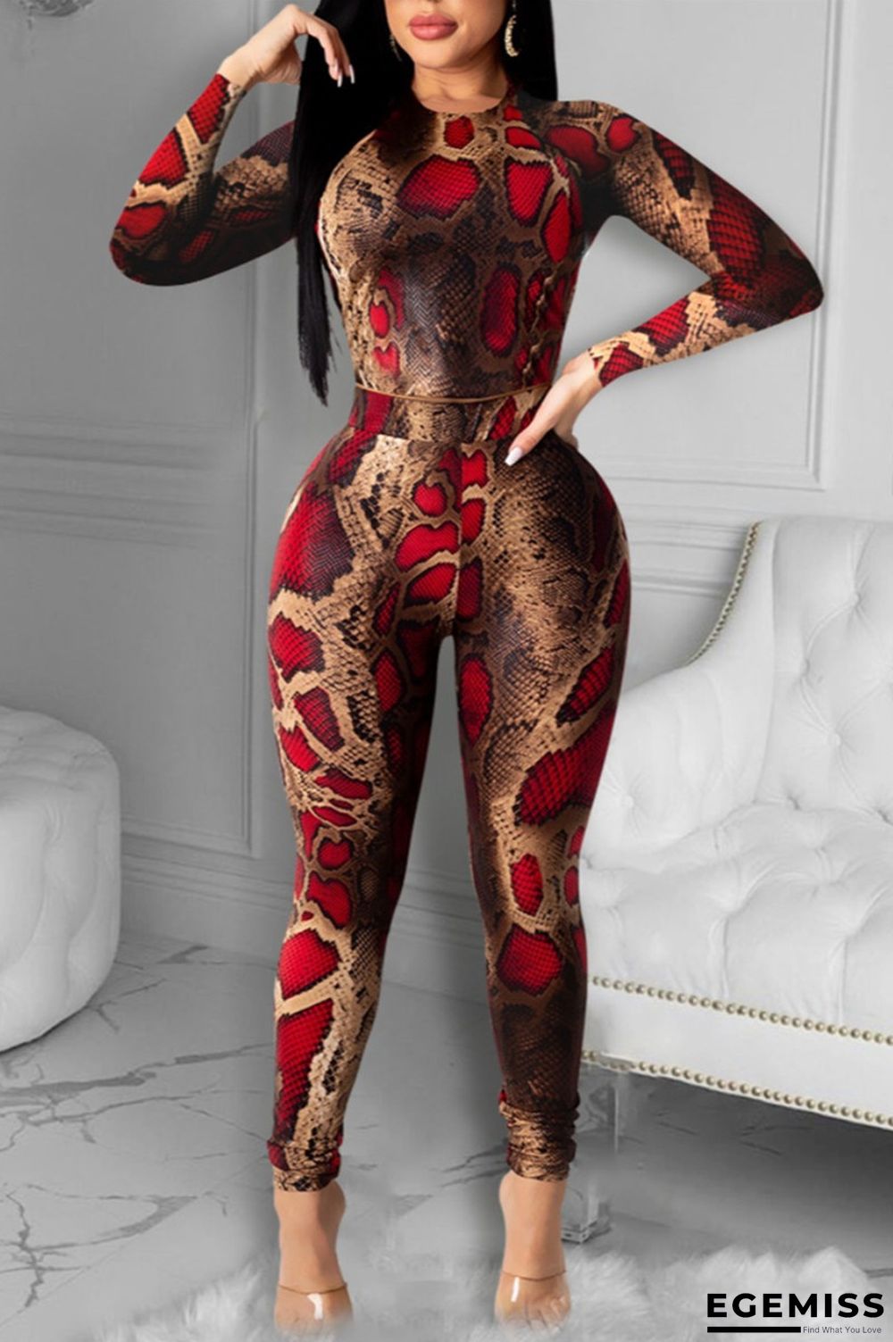 Wine Red Fashion Casual Print Basic O Neck Long Sleeve Two Pieces | EGEMISS