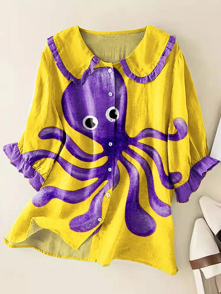 Women Vintage Abstract Geometric Colorful Octopus Art Print Peter Pan Collar Half Sleeve Blouses