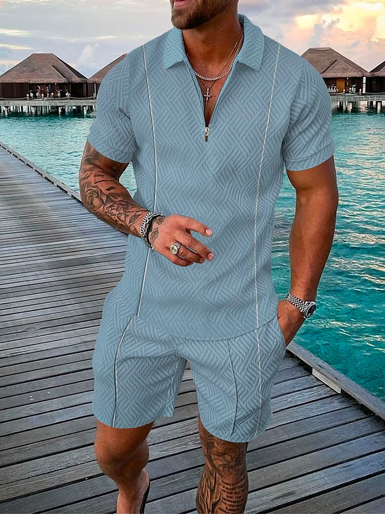 Men's Blue Lapel Polo Suit