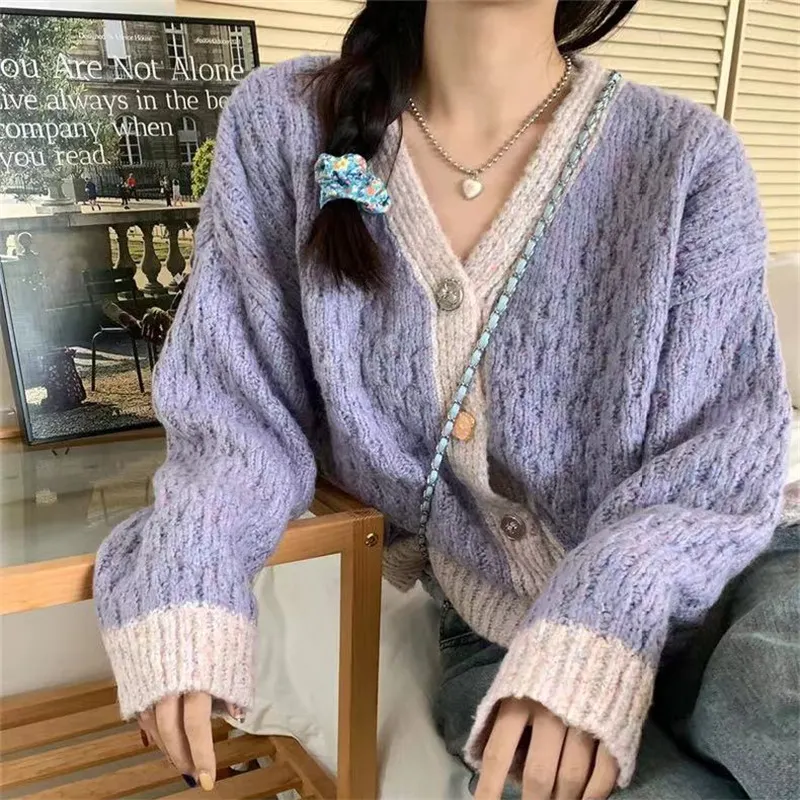 Churchf Churchf Version Of Knit Sweater Loose Lazy Wind Fashion Coat Reduced Age Mud Taro Purple Long Sleeve V-Neck Knit Sweater Cardigan Female