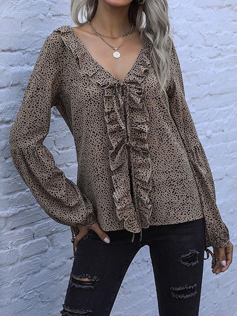 Women's V-neck Flounces Leopard Print Chiffon Top