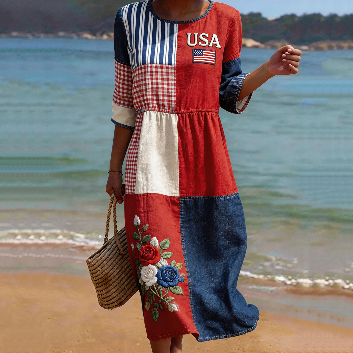  Women's Vintage Flag Inspired Floral Embroidery Pattern Linen Blend Dress Westsshops