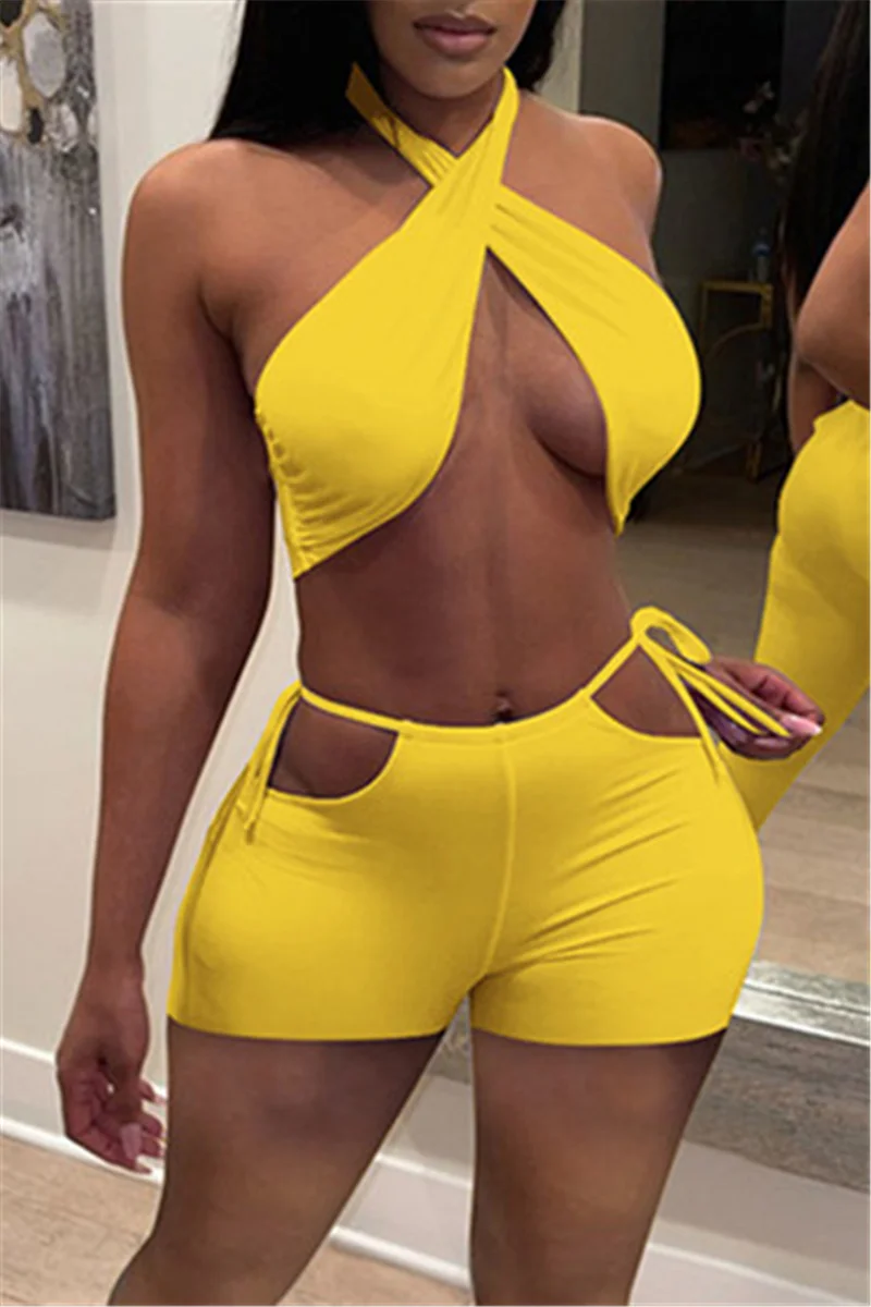 Yellow Fashion Sexy Solid Hollowed Out Backless Halter Sleeveless Two Pieces | EGEMISS