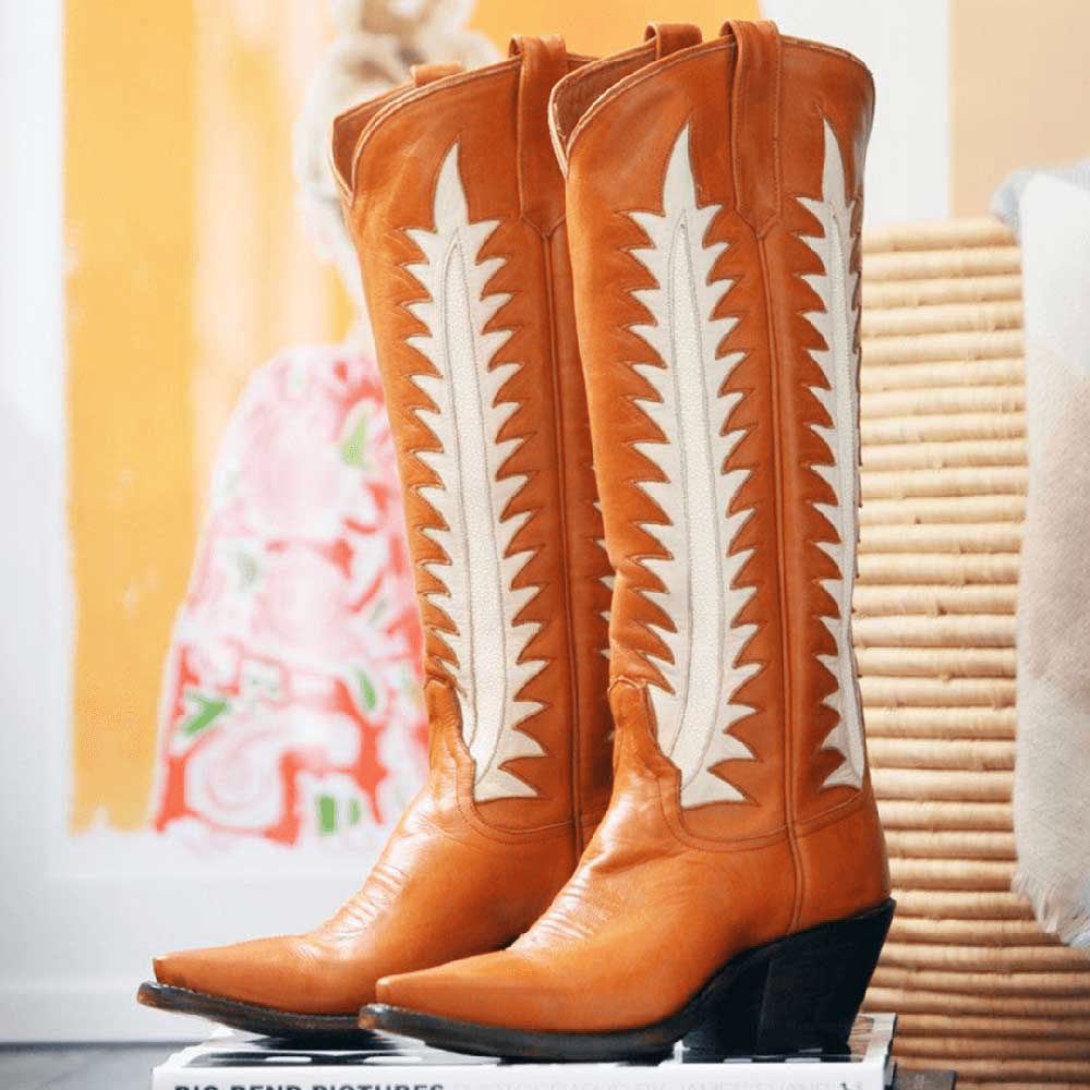 Women's Orange Vegan Leather Cowboy Boots Knee-High Western Boots Nicepairs