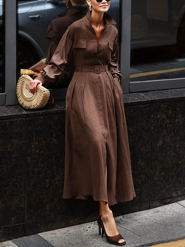 Split-Joint Solid Color Pleated Puff Sleeves Loose Lapel Shirt Dress Maxi Dresses BROWN-L