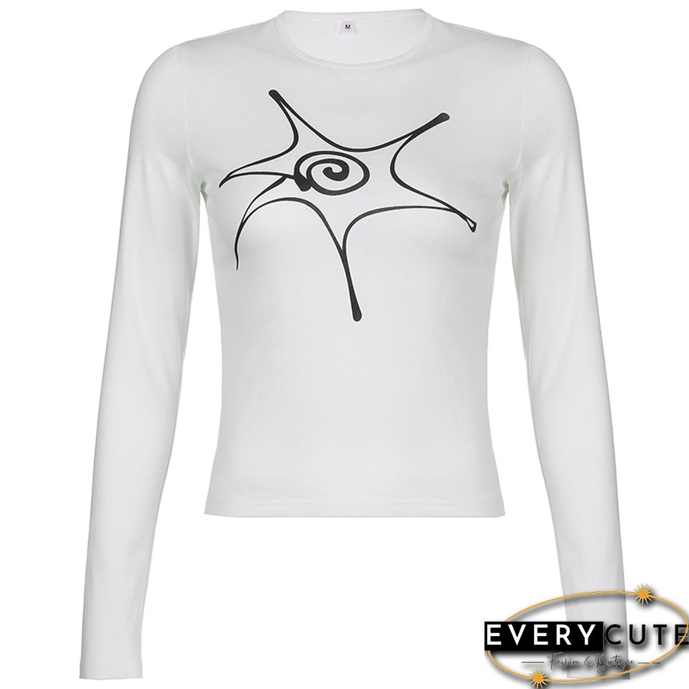 Y2K Shirts For Women Graphic Print Long Sleeve Crop Top White Harajuku Clothes Emo Girl