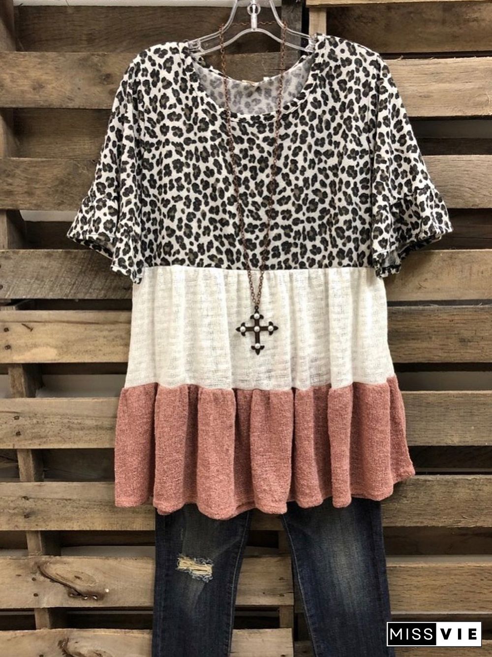 Leopard Short Sleeve Printed Cotton-blend Crew Neck Casual Summer Brown Top