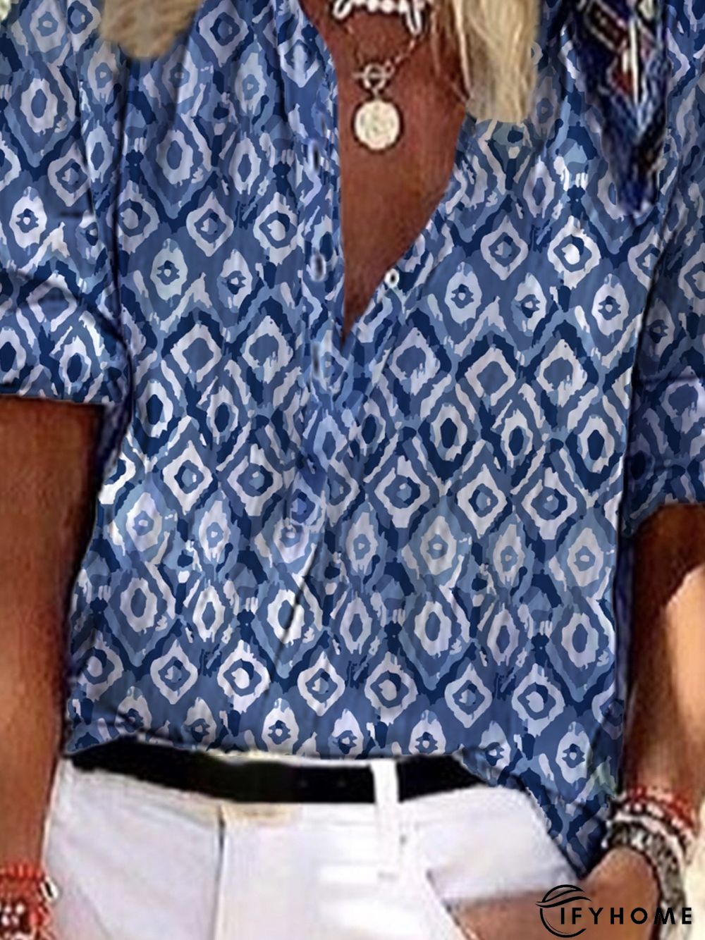 Women's Holiday Weekend Geometric Buttoned V Neck 3/4 Sleeve Casual shirt | IFYHOME