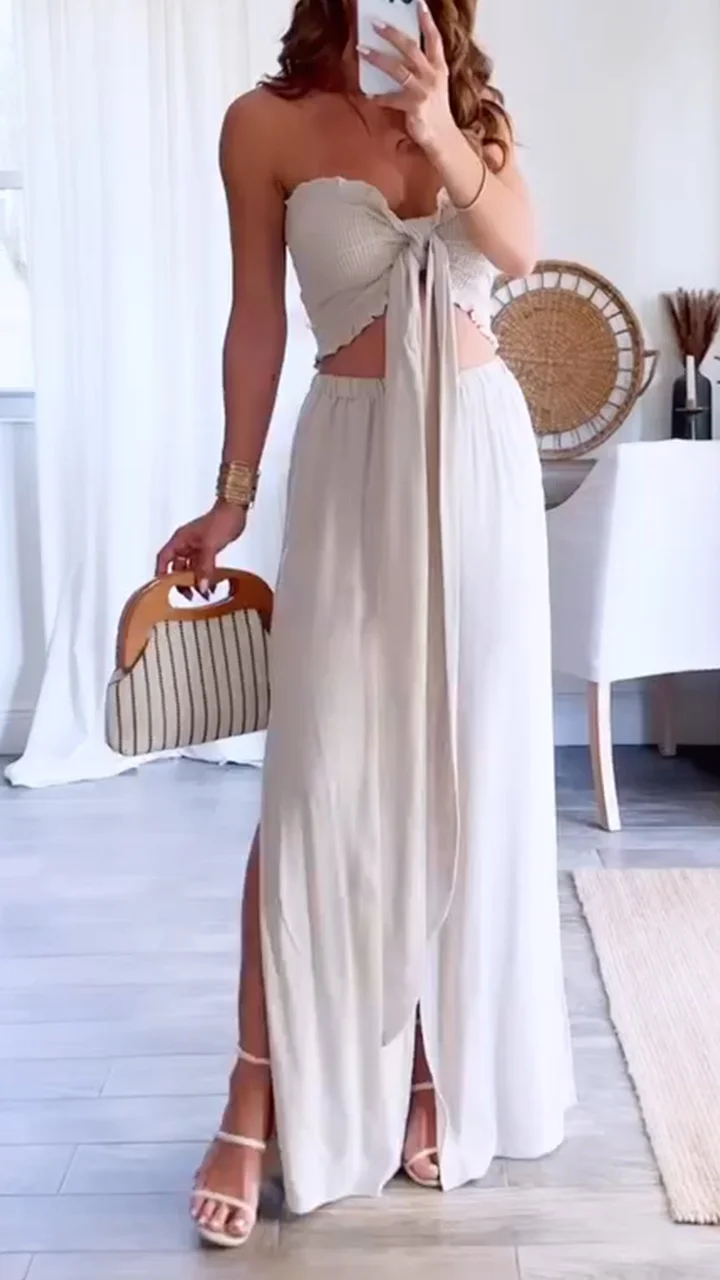 Ladies' Strapless Tied Top+loose Pants Casual Vacation Style Set